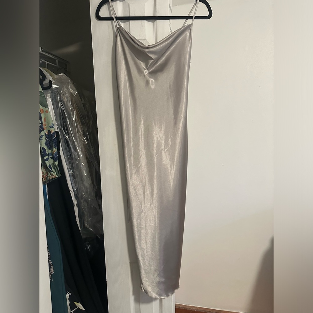 BEBE silver midi dress perfect for weddings!